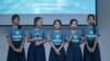 The Five Infinities, winner of the junior division for Technovation Cambodia 2018, pitched their business ideas on stage at the Institute of Technology of Cambodia, May 20, 2018. (Courtesy of Technovation Cambodia)