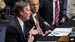 From left, former ambassador Nicholas Burns; Janis Sarts, director of the NATO Strategic Communication Center of Excellence; and Vesko Garcevic of Boston University (not seen), testify on Capitol Hill in Washington, June 28, 2017. 