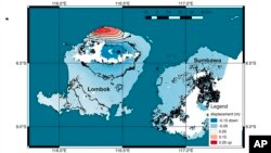 This graphic made available by NASA shows a map of new satellite data produced by scientists with NASA/Caltech's Advanced Rapid Imaging and Analysis project (ARIA) showing ground deformation on the resort island of Lombok, Indonesia, following a deadly ea