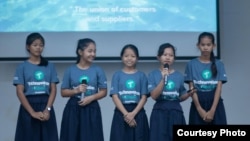 The Five Infinities, winner of the junior division for Technovation Cambodia 2018, pitched their business ideas on stage at the Institute of Technology of Cambodia, May 20, 2018. (Courtesy of Technovation Cambodia)