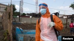 FILE - A health worker prepares to disinfect a van used for burial purposes in Freetown, Sierra Leone, Nov. 10, 2014.