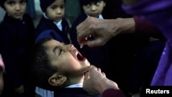 2012年12月20日医务工作人员在巴基斯坦给孩子服用小儿麻痹症疫苗
