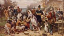 一副描绘第一次感恩节盛宴的油画。