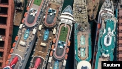A drone image shows decommissioned cruise ships being dismantled at Aliaga ship-breaking yard in the Aegean port city of Izmir, western Turkey.