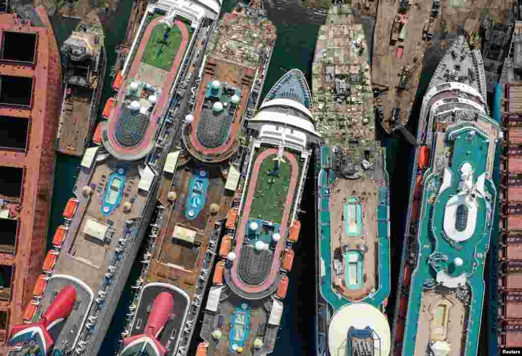 A drone image shows decommissioned cruise ships being dismantled at Aliaga ship-breaking yard in the Aegean port city of Izmir, western Turkey.