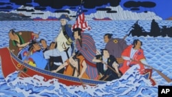 'Shimomura Crossing the Delaware' is a knock-off of the iconic 19th century painting, 'Washington Crossing the Delaware.'