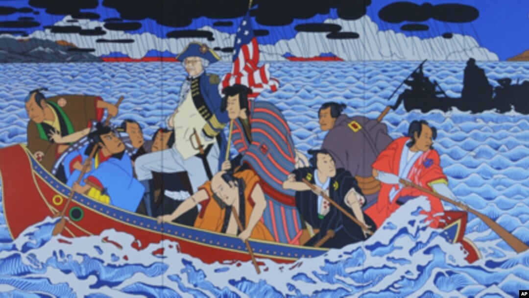 'Shimomura Crossing the Delaware' is a knock-off of the iconic 19th century painting, 'Washington Crossing the Delaware.'