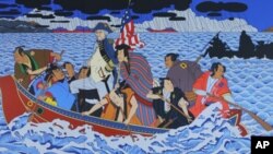 'Shimomura Crossing the Delaware' is a knock-off of the iconic 19th century painting, 'Washington Crossing the Delaware.'