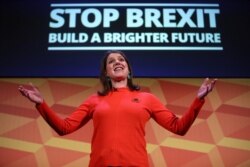 Leader of Britain's Liberal Democrats Jo Swinson reacts as she speaks at a campaign event in London, Britain, Nov. 9, 2019.