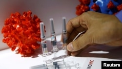 Ứng viên vaccine của hãng Sinovac Biotech Ltd của Trung Quốc được trưng bày tại một gian hàng trong Hội chợ Quốc tế về Thương mại và Dịch vụ của Trung Quốc ở Bắc Kinh