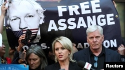 Kristinn Hrafnsson, editor in chief of Wikileaks, and barrister Jennifer Robinson talk to the media outside the Westminster Magistrates Court after WikiLeaks founder Julian Assange was arrested in London, April 11, 2019.