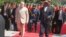 Indian Prime Minister Narendra Modi, centre left, is received by President Yoweri Museveni, centre right, after inspecting a parade at State House Entebbe, about 42 km from the capital Kampala Monday July 24, 2018. Modi has embarked on a five-day three-nation tour of the African continent.