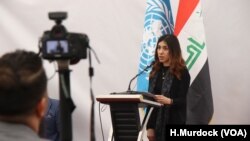 Nobel Peace Prize winner Nadia Murad was kidnapped from Kocho, Iraq, and enslaved by IS in 2014. Speaking to local families an, leaders in Kocho on March 15, 2019, she says the crisis for the Yazidi people continues as hundreds of thousands remain displaced. (H.Murdock/VOA)