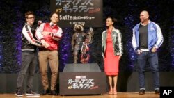 Director James Gunn (from left) actors Chris Pratt, Zoe Saldana and Dave Bautista pose for photographers during a media conference of "Guardians of the Galaxy Vol. 2" in Tokyo, April 11, 2017.