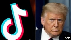 This combination of pictures created on Aug. 1, 2020, shows the logo of the social media video sharing app Tiktok displayed on a tablet screen in Paris, and US President Donald Trump at the White House in Washington, on July 30, 2020.