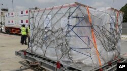 Boxes containing Sinovac's COVID-19 vaccines arrive at Phnom Penh International Airport, in Phnom Penh, Cambodia, Friday, March 26, 2021. Cambodia on Friday received 1.5 million doses of Chinese-made Sinovac vaccines that bought from China. (AP Photo/Heng Sinith) 