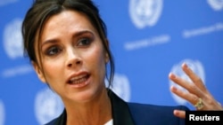 Victoria Beckham speaks during a news conference at the U.N. headquarters in New York, September 24, 2014.