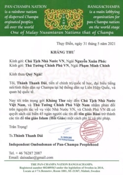Kháng thư gửi đến chính quyền Việt Nam.