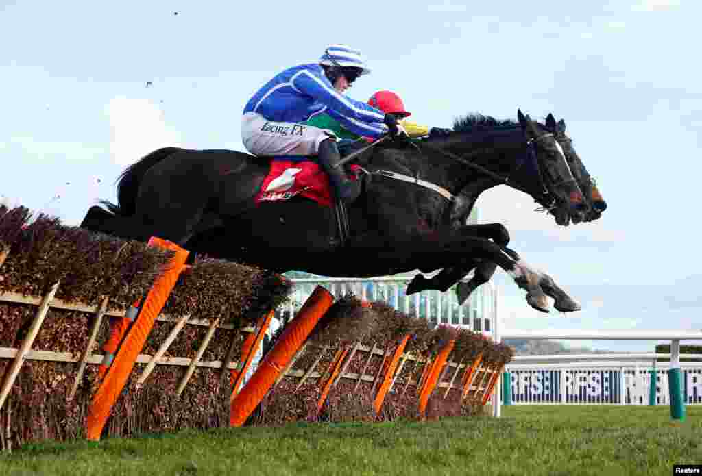 Paul Townend mengendarai kudanya untuk melompati rintangan pada festival berkuda Cheltenham di Gloucestershire, Inggris. &nbsp;