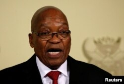 FILE - Jacob Zuma announces his resignation as South Africa's president at the Union Buildings in Pretoria, Feb. 14, 2018.