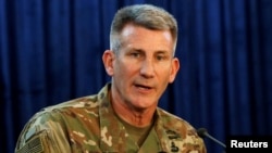 FILE - U.S. Army General John Nicholson, Commander of Resolute Support forces and U.S. forces in Afghanistan, speaks during a news conference in Kabul, Afghanistan, April 14, 2017.