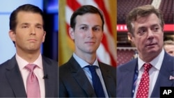 From left, President Donald Trump's son Donald Trump Jr., son-in-law Jared Kushner and former campaign manager Paul Manafort.