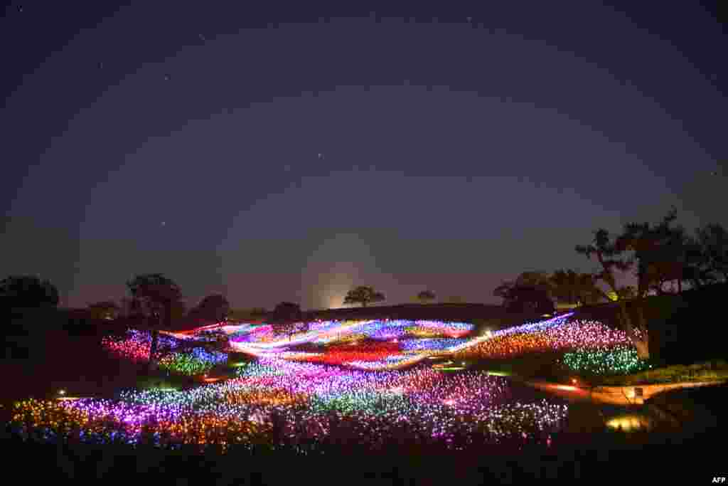 Fiber-optic lights glow at the Field of Light immersive art installation by artist Bruce Munro in Paso Robles, California, April 13, 2021.