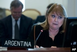 FILE - Argentina's Foreign Minister Susana Malcorra speaks at the Permanent Council of the Organization of American States in Washington, April 3, 2017.