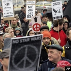 A 2008 file photo of People demonstrating against plans to deploy a missile shield defense system in the town of Redzikowo, northern Poland
