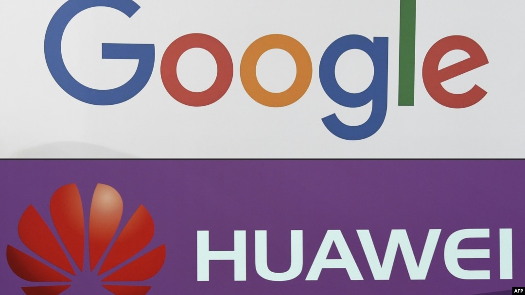 Foto kombinasi logo Google dan Huawei, 19 Mei 2019.