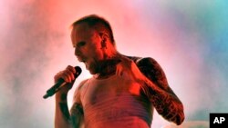 FILE - Singer Keith Flint of the British band The Prodigy performs on Shipyard Island in Northern Budapest, Hungary, Aug. 14, 2009.