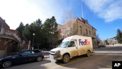 A FedEx delivery van is shown on Nov. 18, 2020, in the gaming town of Central City, Colo.