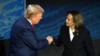 Republican presidential nominee Donald Trump shakes hands with Democratic presidential nominee Kamala Harris at the start of a debate in Philadelphia, Pennsylvania, on Sept. 10, 2024. Chinese and Russian media were largely subdued in their coverage of the debate.