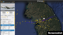 ‘리벳조인트(RC-135V)’가 한반도 시각 21일 한국 상공에서 정찰 활동을 벌이고 있다. 자료=FlightRadar24