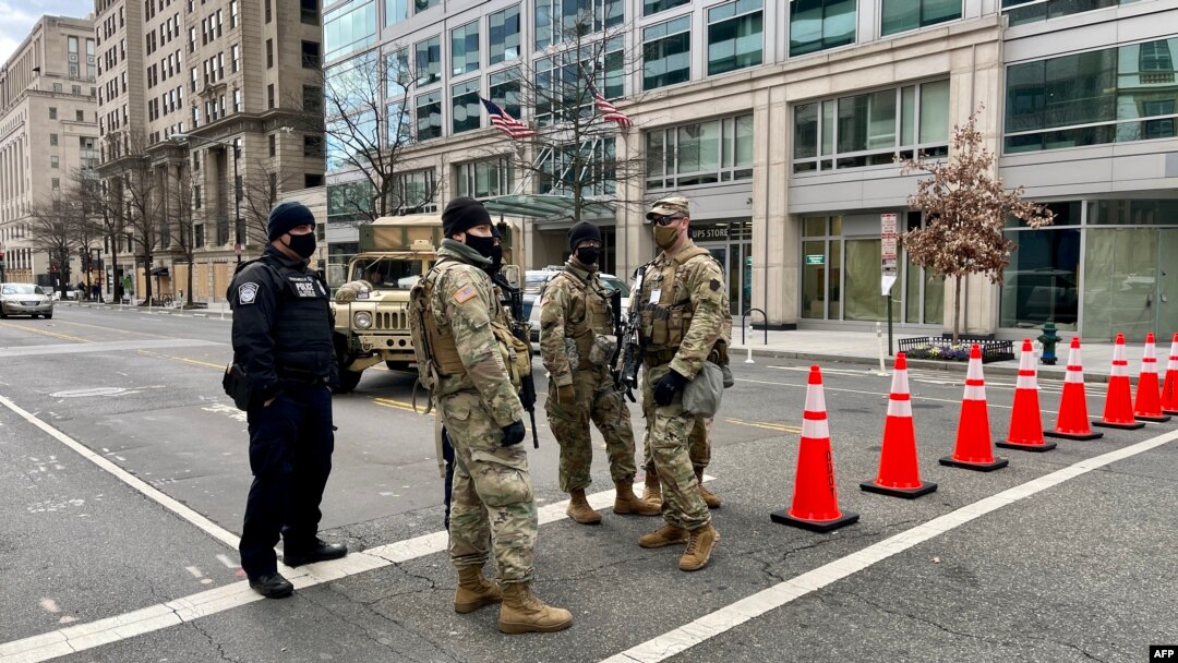 Members of the National Guard are seen in Washington, DC on January 17, 2021 in preparation for a nationwide protest called by anti-government and far-right groups supporting US President Donald Trump and his claim of electoral fraud in the November 3 pre
