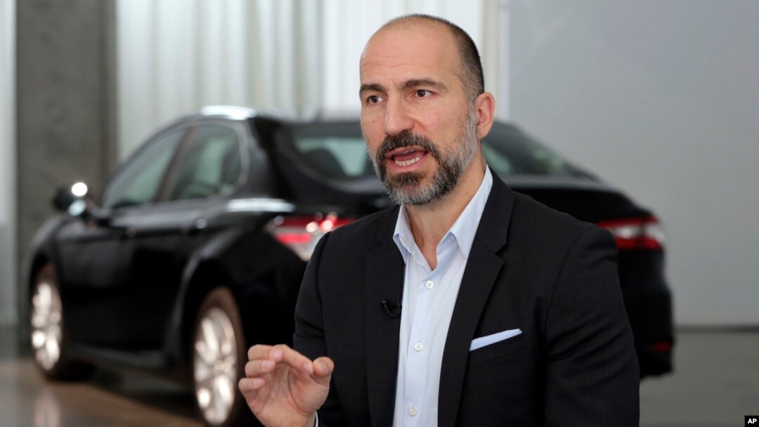 FILE - Uber CEO Dara Khosrowshahi is interviewed after the company unveiled new features in New York, Sept. 5, 2018, aimed at boosting driver and passenger safety in an effort to rebuild trust in the brand.
