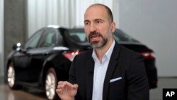 FILE - Uber CEO Dara Khosrowshahi is interviewed after the company unveiled new features in New York, Sept. 5, 2018, aimed at boosting driver and passenger safety in an effort to rebuild trust in the brand.