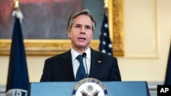 토니 블링컨 미 국무장관이 5일 신종 코로나바이러스 대응과 관련한 연설을 하고 있다. 