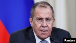 세르게이 라브로프 러시아 외무장관이 30일 러시아 모스크바에서 자바드 자리프 이란 외무 장관과 공동 기자회견을 열고 연설하고 있다. 