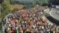 Demonstrators walk along a highway in Girona, Spain, Oct. 16, 2019. 