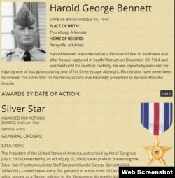 Trang Valor vinh danh Harold George Bennett, tù binh Mỹ đầu tiên bị Việt Cộng sát hại năm 1965. Photo Military Times.