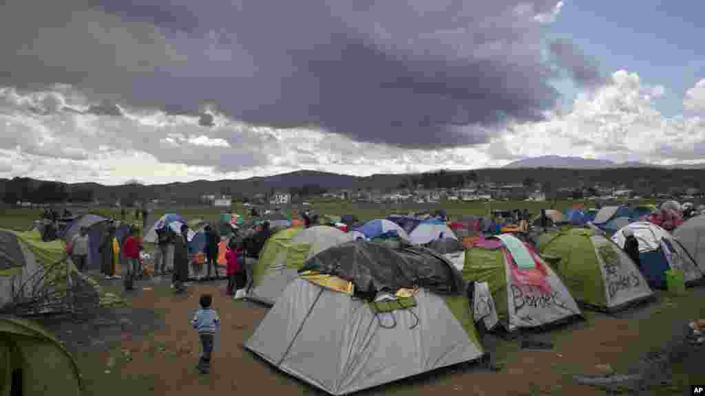 Des migrants plantent des tentes avant l&#39;arrivée de la pluie près du poste-frontière grec d&rsquo;Idomeni dans le nord de la Grèce, le 4 mars 2016.