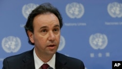 FILE - Khaled Khoja, then President of the Coalition of Syria Revolution and Opposition Forces, speaks during a news conference, at U.N. headquarters in New York, April 29, 2015. Khoja sees the release of detainees of the conflict in Syria as a possible confidence-building measure.