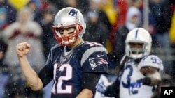 New England quarterback Tom Brady celebrates a touchdown by LeGarrette Blount in the AFC Championship, Jan. 18, 2015.