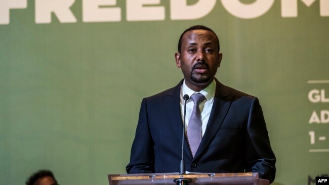 FILE - Abiy Ahmed, prime minister of Ethiopia, speaks during the Guillermo Cano World Press Freedom Prize ceremony in Addis Ababa, May 2, 2019.