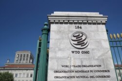 FILE - A logo is pictured on the headquarters of the World Trade Organization (WTO) in Geneva, Switzerland, June 2, 2020.