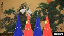 资料照：北京人大会堂内树立的欧盟与中国旗帜 