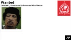 The wanted poster issued by Interpol for Libya's Moammar Gadhafi seen in this screenshot, September 9, 2011.