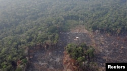 Foto yang diambil dari udara tampak wilayah hutan yang sudah gundul akibat deforestasi di Amazon dekat Humaita, negara bagian Amazonas, Brazil, 22 Agustus 2019.