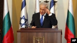 El primer ministro israelí Benjamin Netanyahu habla durante una conferencia conjunta con su contraparte búlgara Boyko Borissov (no aparece en la foto), la mañana del martes 11 de septiembre de 2012.